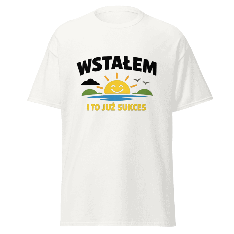 Koszulka T-Shirt Rizer z nadrukiem "Wstałem I To Już Sukces" na białym tle, wygodna odzież casual dla mężczyzn i kobiet