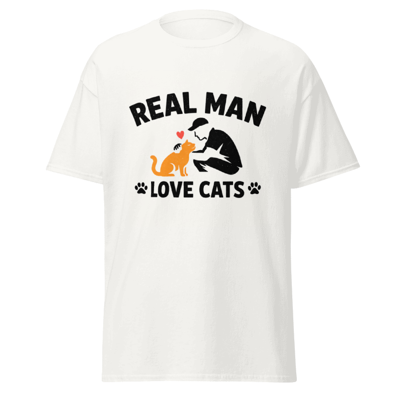 Koszulka T-Shirt Rizer "Real Man Love Cats" z nadrukiem kota, czarna, wygodna odzież dla miłośników kotów i stylowego ubioru