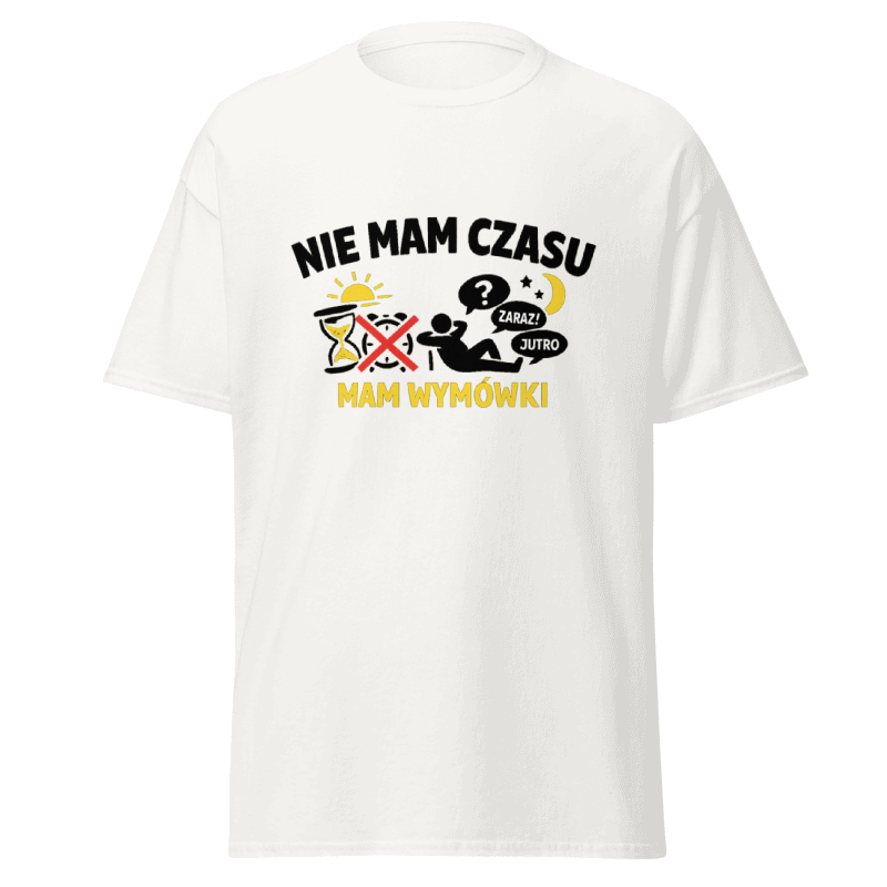 Koszulka T-Shirt Rizer "Nie Mam Czasu Mam Wymówki" na modelu, czarna z białym napisem, casualowy styl, wygodny materiał