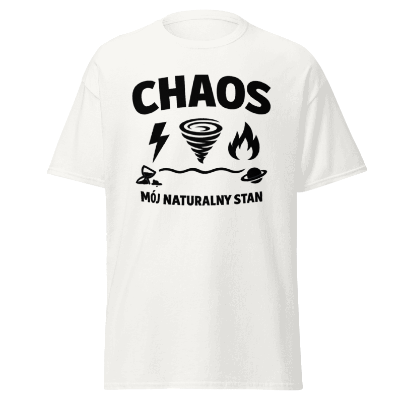 Koszulka T-Shirt Rizer "Chaos Mój Naturalny Stan" na białym tle, wygodny krój i oryginalny nadruk z napisem.