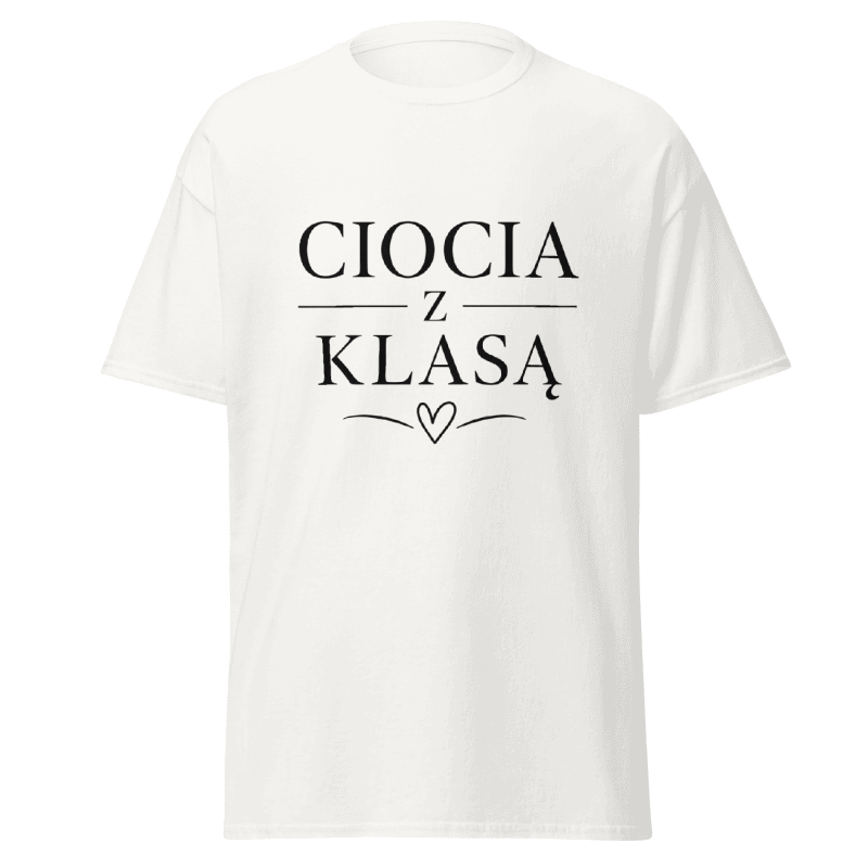 Koszulka T-Shirt Rizer "Ciocia Z Klasą" z nadrukiem, biały t-shirt z napisem dla kobiet, wygodny i stylowy fason.