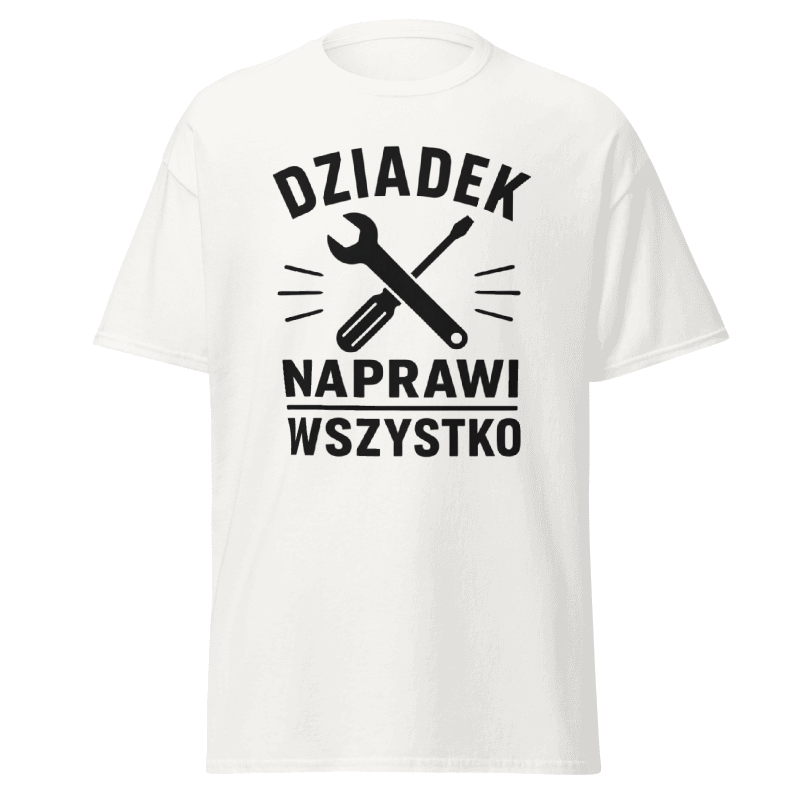 Koszulka Rizer "Dziadek Naprawi Wszystko" na długi rękaw, biały t-shirt z nadrukiem dla dziadków, wygodny i stylowy.