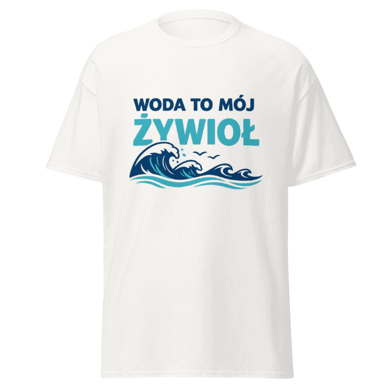 Koszulka T-Shirt Rizer z nadrukiem "Woda To Mój Żywioł", biała, z wodnym motywem na przodzie, wygodna i stylowa.
