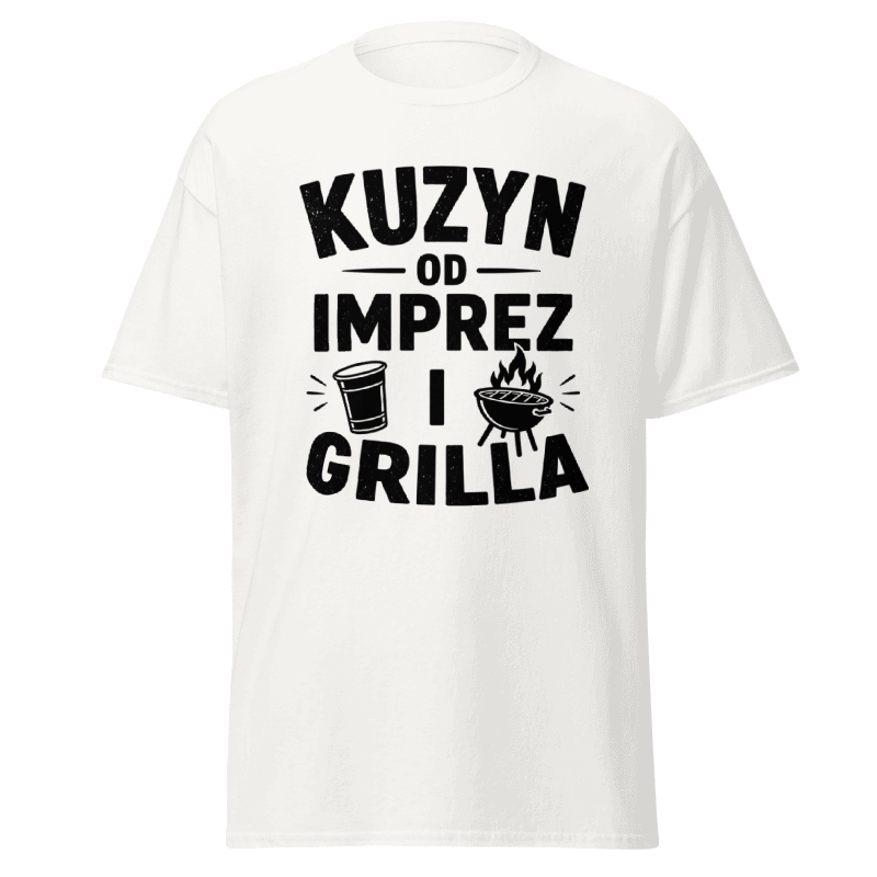 Koszulka T-Shirt Rizer "Kuzyn Od Imprez I Grilla" w casual stylu, z nadrukiem na przodzie, na białym tle