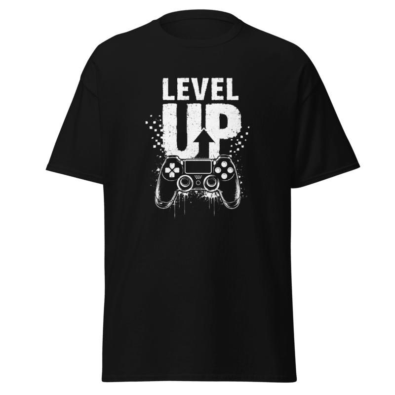 Koszulka T-Shirt Rizer "Level Up" z nadrukiem, czarna, wygodny materiał, modny design, idealna na codzienne noszenie