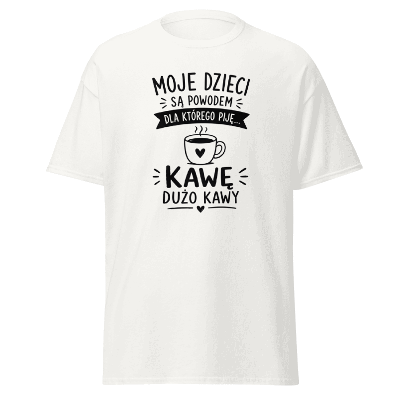 Koszulka Rizer "Moje Dzieci Są Powodem Dla Którego Piję... Kawę" – t-shirt z nadrukiem, czarna, wygodna odzież codzienna.