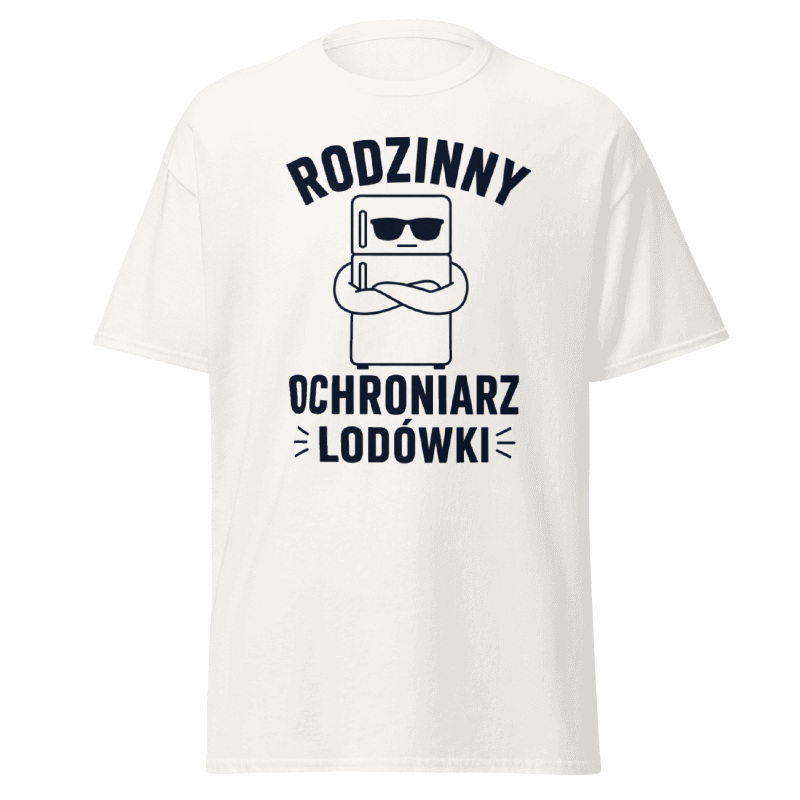 Koszulka T-Shirt Rizer z nadrukiem "Rodzinny Ochroniarz Lodówki" w humorystycznym stylu, czarny t-shirt na jasnym tle