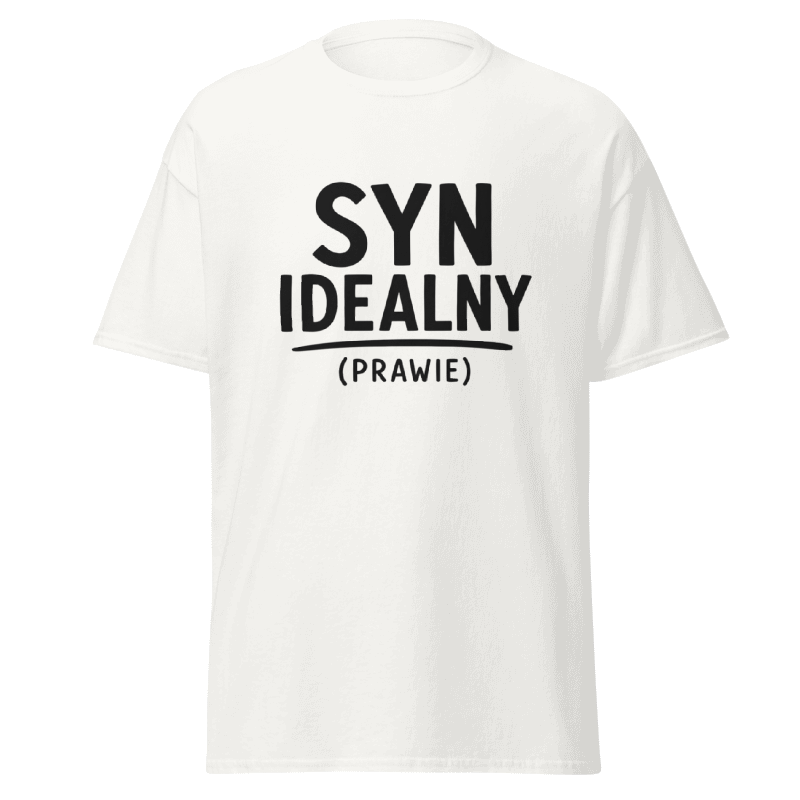 Koszulka T-Shirt Rizer "Syn Idealny (Prawie)" z nadrukiem, biała bawełniana koszulka na co dzień, stylowa i wygodna.