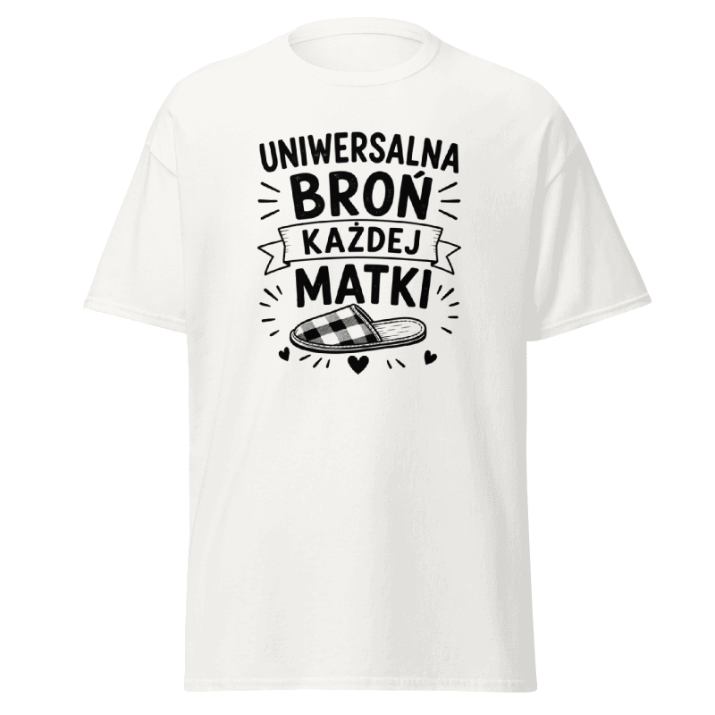 Koszulka T-Shirt Rizer "Uniwersalna Broń Każdej Matki" z nadrukiem, czarny materiał, wygodny i unikalny design.