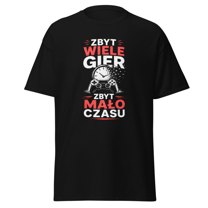 Koszulka T-Shirt Rizer z napisem "Zbyt Wiele Gier Zbyt Mało Czasu" na białym tle, wygodny t-shirt dla fanów gier komputerowych.