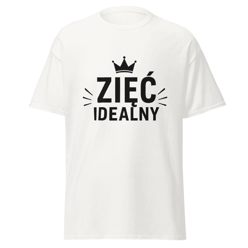 Koszulka Rizer "Zieć Idealny" na zdjęciu, czarna t-shirt z nadrukiem z napisem "Zieć Idealny", casualowy styl.