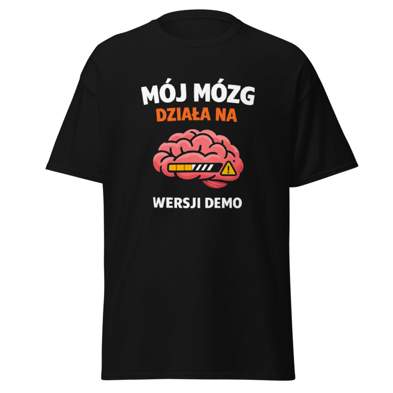 Koszulka T-Shirt Rizer "Mój Mózg Działa Na Wersji Demo" z nadrukiem, czarna, wygodny materiał, casualowy styl.