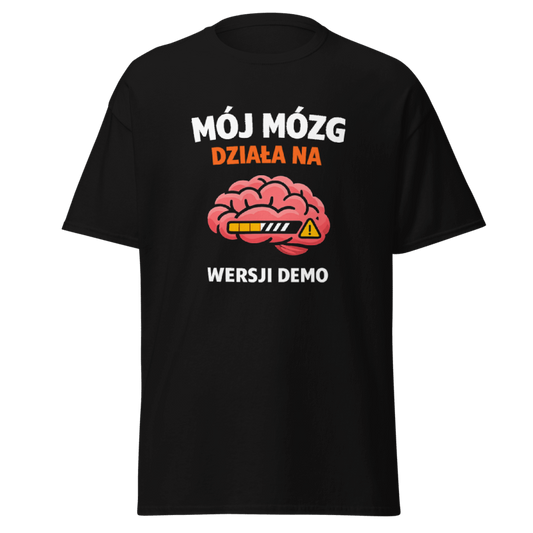 Koszulka T-Shirt Rizer "Mój Mózg Działa Na Wersji Demo" z nadrukiem, czarna, wygodny materiał, casualowy styl.
