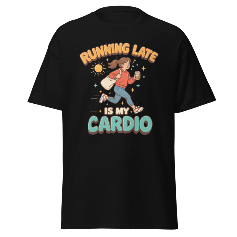 Koszulka Rizer "Running Late Is My Cardio" T-Shirt w czarnym kolorze, z nadrukiem humorystycznym na przodzie.