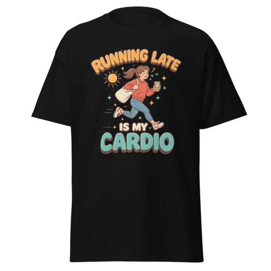 Koszulka Rizer "Running Late Is My Cardio" T-Shirt w czarnym kolorze, z nadrukiem humorystycznym na przodzie.