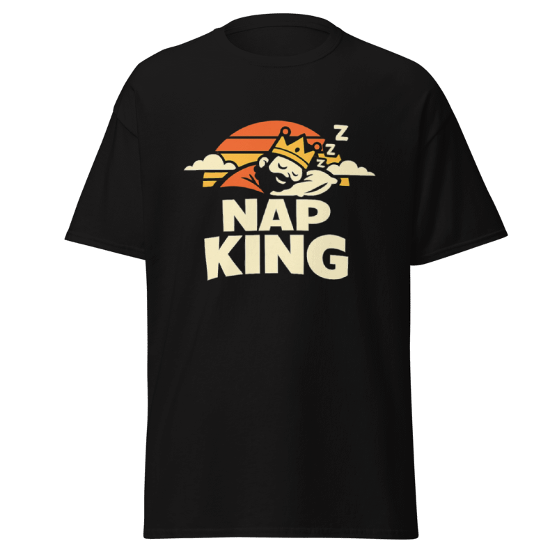 Koszulka T-Shirt Rizer "Nap King" na wieszaku, czarna z nadrukiem napisu, casualowy styl, wygodny t-shirt na co dzień
