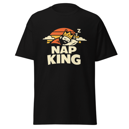 Koszulka T-Shirt Rizer "Nap King" na wieszaku, czarna z nadrukiem napisu, casualowy styl, wygodny t-shirt na co dzień