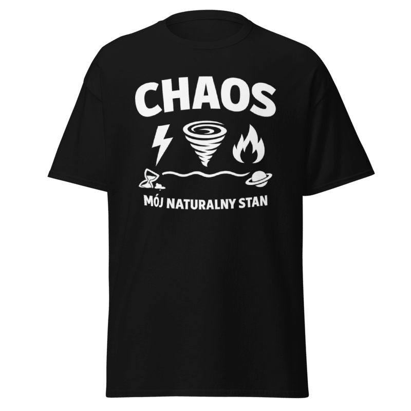 Koszulka T-Shirt Rizer "Chaos Mój Naturalny Stan" na wieszaku, czarna z nadrukiem tekstowym, casualowy styl, wygodny materiał