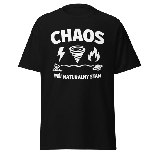 Koszulka T-Shirt Rizer "Chaos Mój Naturalny Stan" na wieszaku, czarna z nadrukiem tekstowym, casualowy styl, wygodny materiał
