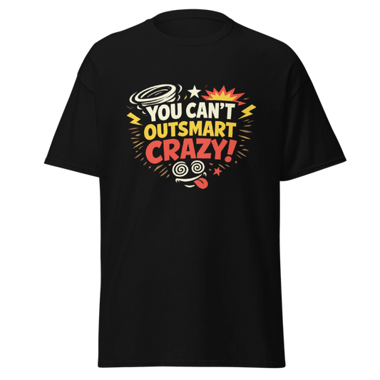 Koszulka T-Shirt Rizer "You Can't Outsmart Crazy" na białym tle, wygodna, z nadrukiem z przodu, casualowy styl.