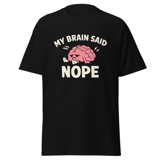 Koszulka T-Shirt Rizer "My Brain Said NOPE" z nadrukiem na piersi, czarna, wygodna odzież codzienna dla fanów humoru.