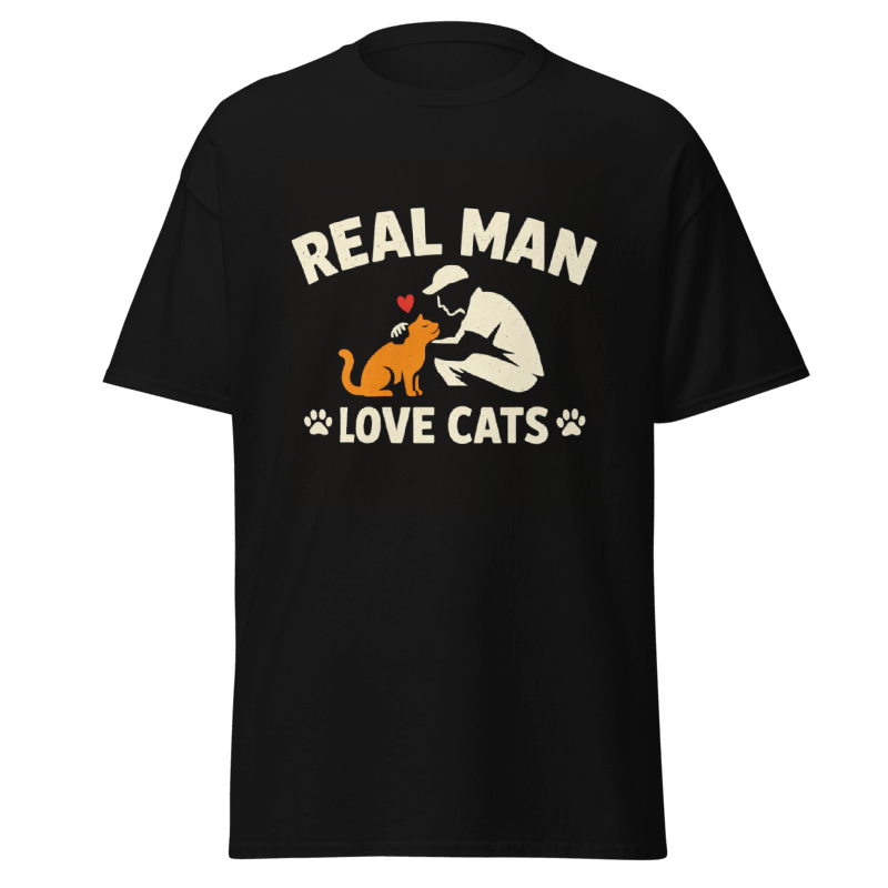Koszulka Rizer "Real Man Love Cats" z nadrukiem kota, czarna t-shirt męska, wygodna i stylowa odzież casual.