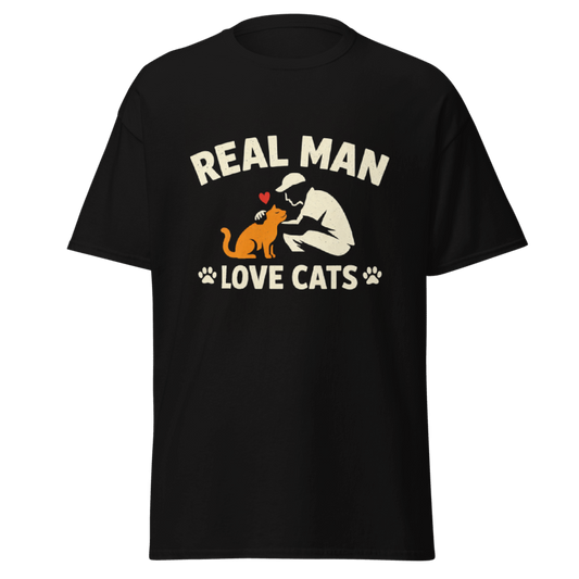 Koszulka Rizer "Real Man Love Cats" z nadrukiem kota, czarna t-shirt męska, wygodna i stylowa odzież casual.