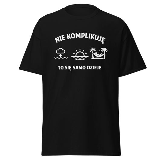 Koszulka T-Shirt Rizer z napisem "Nie Komplikuję To Się Samo Dzieje", czarna, bawełniana, widok z przodu