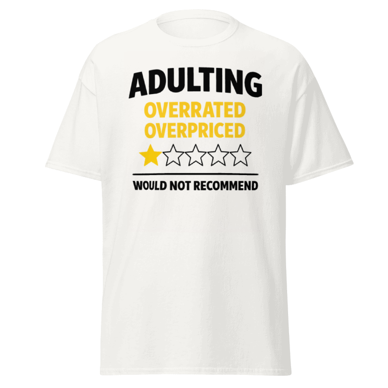 Koszulka Rizer "Adulting Overrated Overpriced" na wieszaku, czarna, z nadrukiem tekstowym, t-shirt dla dorosłych.