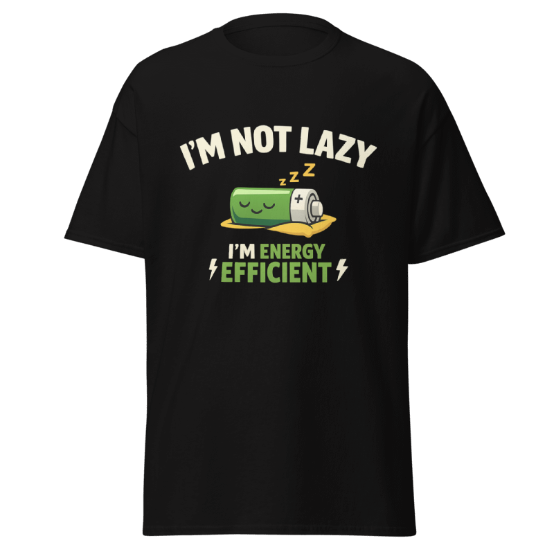 Koszulka T-Shirt Rizer "I'm Not Lazy I'm Energy Efficient" z nadrukiem, czarna, miękka bawełna, casualowy styl.
