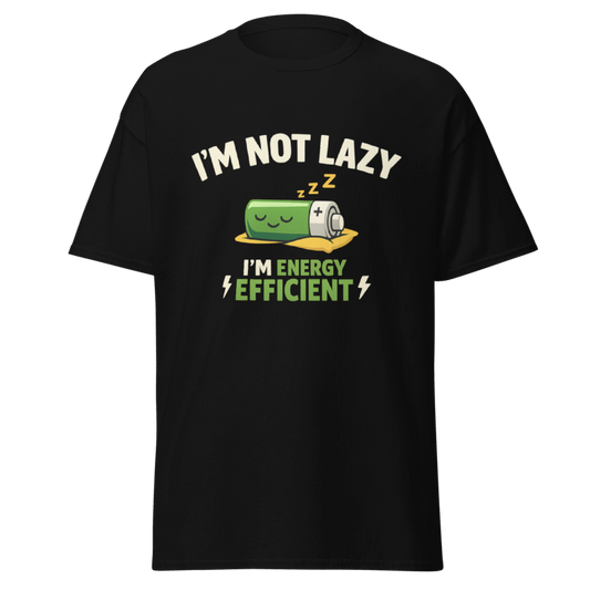 Koszulka T-Shirt Rizer "I'm Not Lazy I'm Energy Efficient" z nadrukiem, czarna, miękka bawełna, casualowy styl.