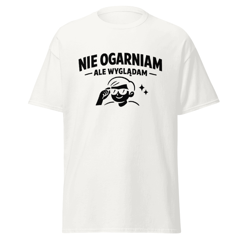 Koszulka Rizer "Nie Ogarniam Ale Wyglądam" w czarnym kolorze, z nadrukiem na przodzie, wygodny t-shirt męski lub damski.