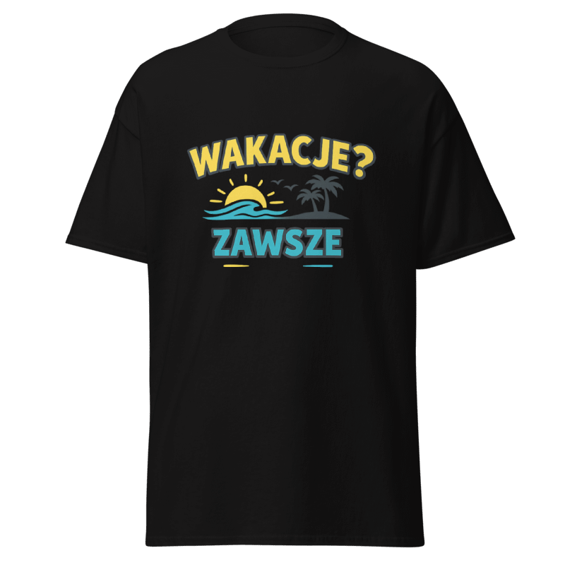 Koszulka Rizer "Wakacje? Zawsze" na obrazku, czarna t-shirt z napisem, wygodny materiał, casualowy styl, idealna na lato