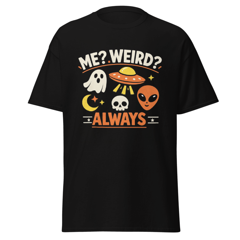 Koszulka T-Shirt Rizer "Me? Weird? Always" z nadrukiem, czarna, wygodny t-shirt z napisem na przodzie.