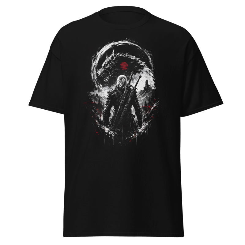 Koszulka T-Shirt Rizer "Łowca Potworów" z grafiką łowcy potworów na białym tle, wygodny i stylowy t-shirt.
