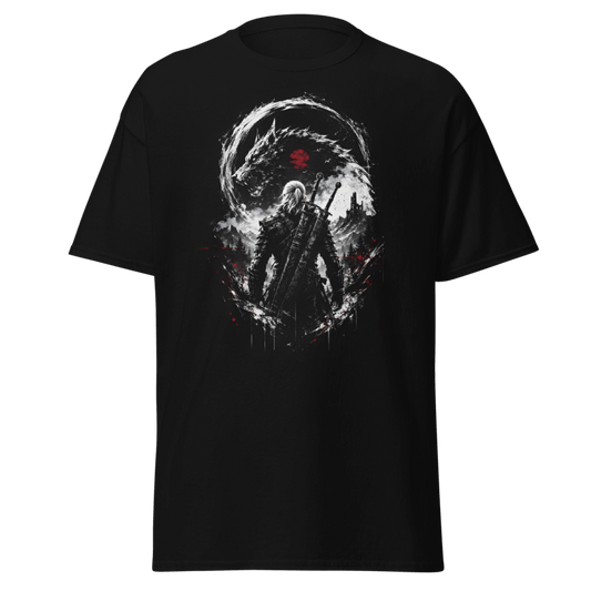 Koszulka T-Shirt Rizer "Łowca Potworów" z grafiką łowcy potworów na białym tle, wygodny i stylowy t-shirt.