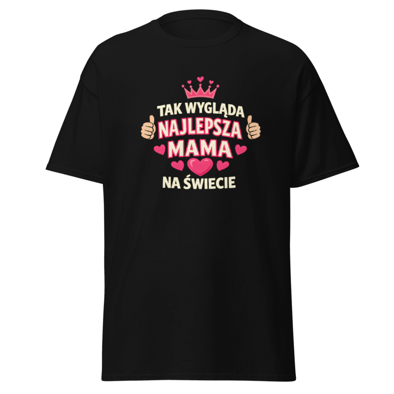 Czarna koszulka T-Shirt Rizer z napisem "Tak Wygląda Najlepsza Mama Na Świecie" na froncie, casualowy styl.