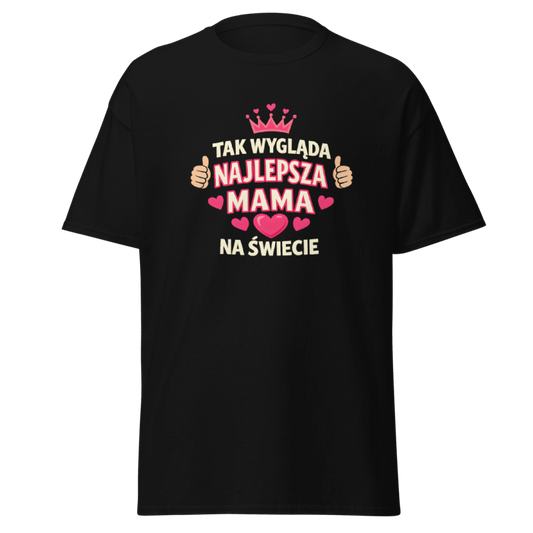 Czarna koszulka T-Shirt Rizer z napisem "Tak Wygląda Najlepsza Mama Na Świecie" na froncie, casualowy styl.