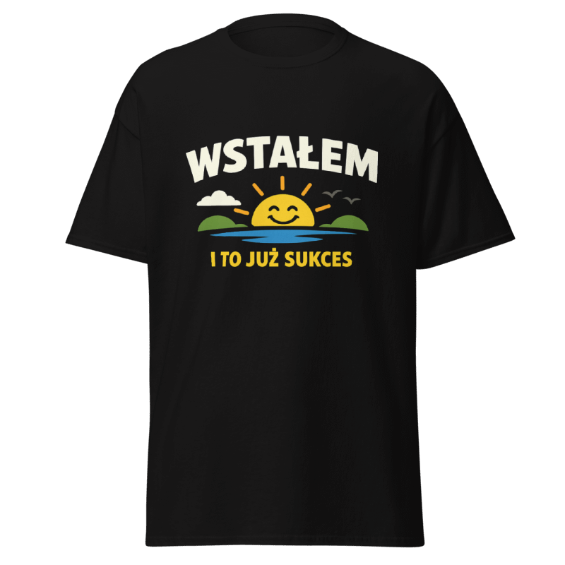 Koszulka T-Shirt Rizer z napisem "Wstałem i to już sukces" na białym tle, wygodny casualowy t-shirt dla mężczyzn