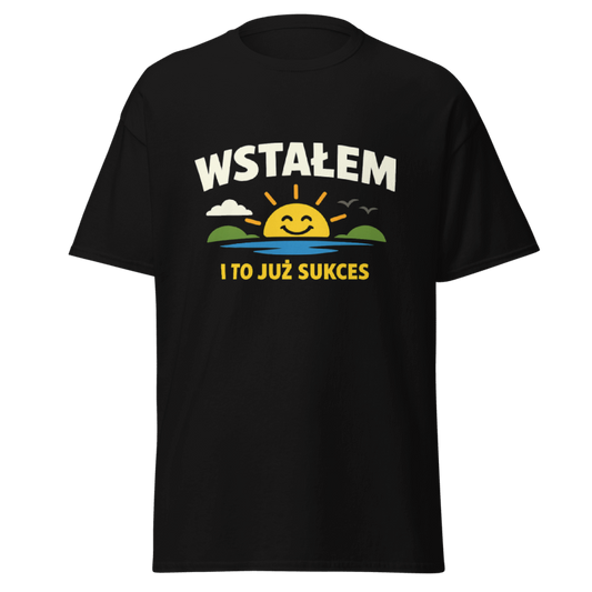 Koszulka T-Shirt Rizer z napisem "Wstałem i to już sukces" na białym tle, wygodny casualowy t-shirt dla mężczyzn