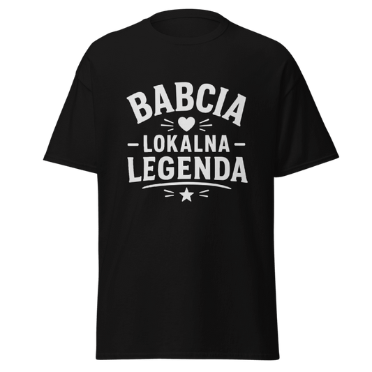 Koszulka T-Shirt Rizer "Babcia Lokalna Legenda" z nadrukiem, biała, wygodna odzież casual dla miłośników babć i lokalnych legend.