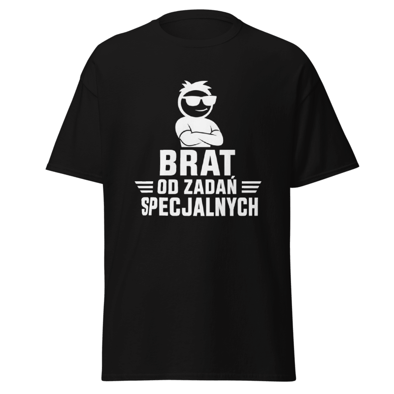 Koszulka T-Shirt Rizer "Brat Od Zadań Specjalnych" na czarnym tle, wygodny t-shirt z nadrukiem dla fanów serii.