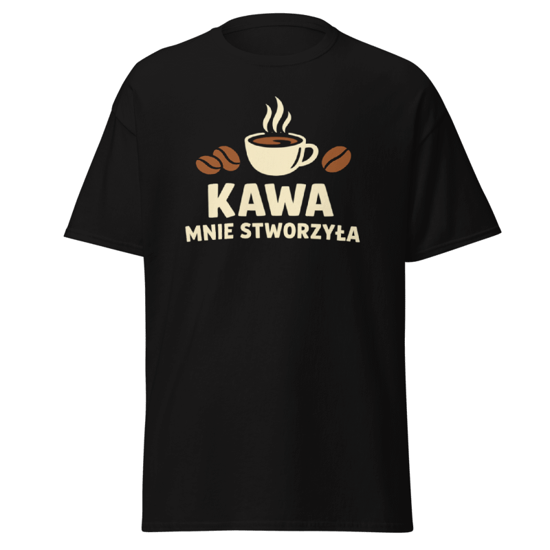 Koszulka T-Shirt Rizer z nadrukiem "Kawa Mnie Stworzyła" na białym tle, wygodny krój i wysokiej jakości materiał