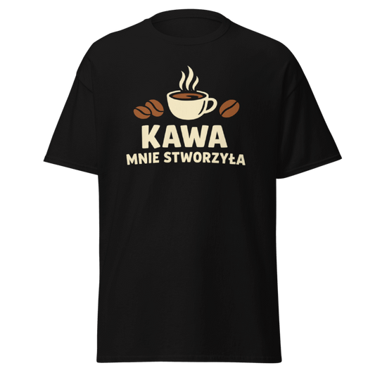 Koszulka T-Shirt Rizer z nadrukiem "Kawa Mnie Stworzyła" na białym tle, wygodny krój i wysokiej jakości materiał