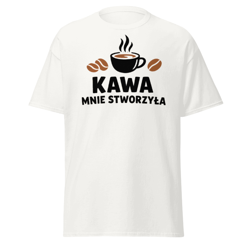 Koszulka T-Shirt Rizer z nadrukiem "Kawa Mnie Stworzyła" na białym tle, wygodna i casualowa odzież dla miłośników kawy.
