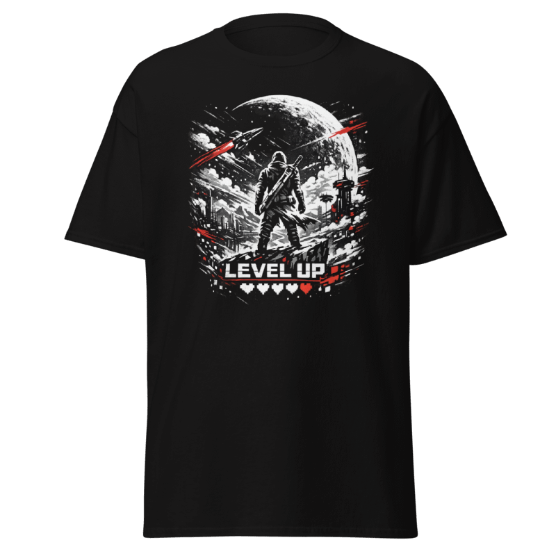 Koszulka T-Shirt Rizer z nadrukiem, czarna, wykonana z miękkiego materiału, z grafiką na froncie, na modelu.