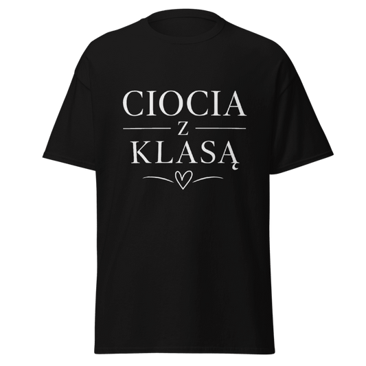 Koszulka T-Shirt Rizer "Ciocia Z Klasą" z nadrukiem, czarna, wygodny materiał, idealna na co dzień dla kobiet.