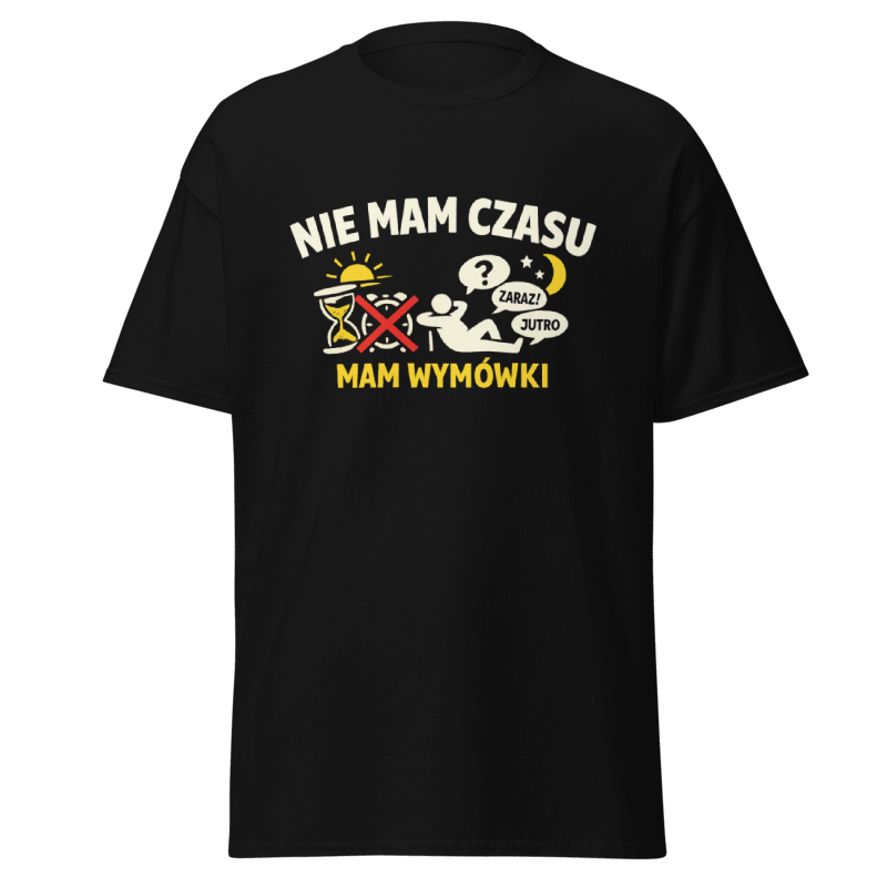Koszulka T-Shirt Rizer "Nie Mam Czasu Mam Wymówki" w czarnym kolorze, z nadrukiem na przodzie, casualowy styl.