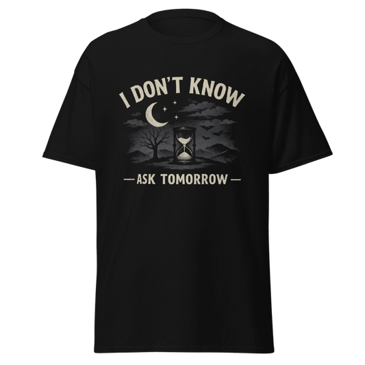 Koszulka T-Shirt Rizer "I Don't Know Ask Tomorrow" z nadrukiem, biały materiał i klasyczny krój