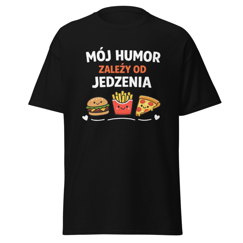 Koszulka T-Shirt Rizer z nadrukiem "Mój Humor Zależy Od Jedzenia" na białej tkaninie, casualowy styl, wygodna i modna.